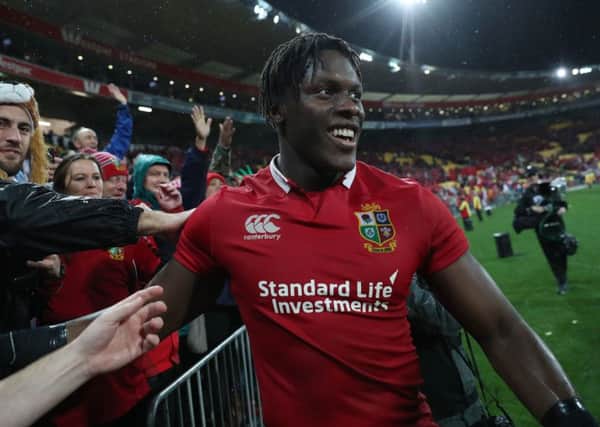 British and Irish Lions Maro Itoje celebrates after the second test victory in Wellington. Picture: David Davies/PA.
