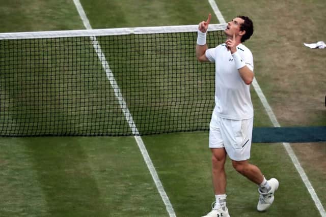 Andy Murray celebrates beating Fabio Fognini in the third round of the men's singles at Wimbledon. Picture: John Walton/PA