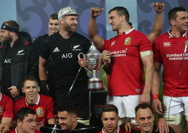 New Zealand captain Kieran Read with British and Irish Lions'  captain Sam Warburton after the third Test draw in Auckland. Picture: David Davies/PA
