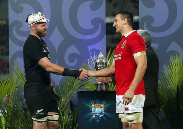British and Irish Lions' Sam Warburton and New Zealand's Kieran Read shake hands after the series is drawn at Eden Park. Picture: David Davies/PA