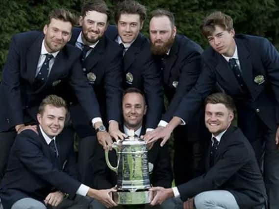 Bailey Gill, standing right, with Yorkshire after their victory in the English men's county championship last summer (Picture: Leaderboard Photography).