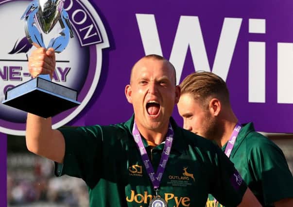Nottinghamshire's Luke Fletcher celebrates with the trophy after the club's recent One Day Cup final success at Lord's (Picture: John Walton/PA Wire).