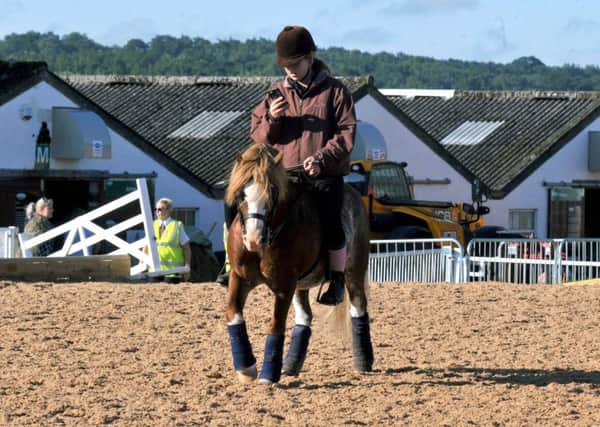 Texting whilst warming up on a pony  at the Great Yorkshire Show  in Harrogate. PIC: James Hardisty