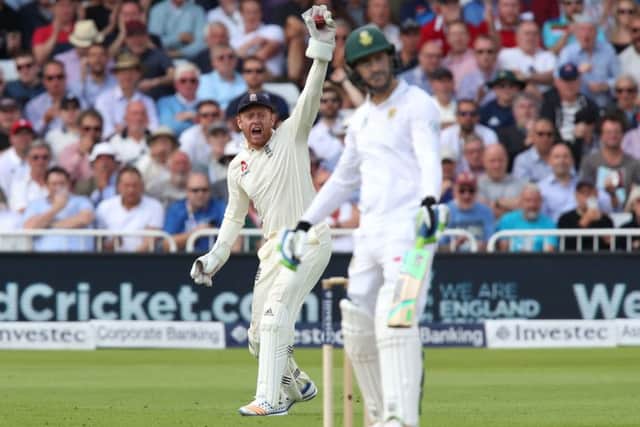 England's Jonny Bairstow celebrates taking a catch to dismiss South Africa's Faf du Plessis (Picture: Nick Potts/PA Wire).