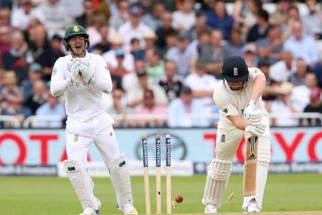 England's Jonny Bairstow is bowled by South Africa's Keshav Maharaj as Quinton de Kock (left) celebrates. Picture: Nick Potts/PA