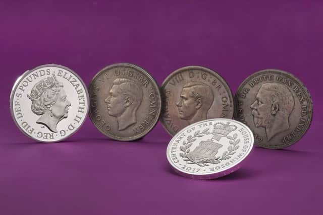 The Royal Mint of coins featuring the portraits of monarchs of the House of Windsor: Queen Elizabeth II, George VI, Edward VIII and George V, along with the 2017 House of Windsor Silver Â£5 coin. Picture: The Royal Mint/PA Wire