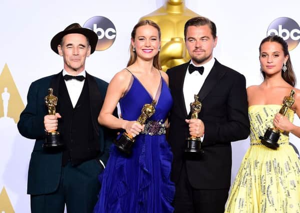 (left to right) Mark Rylance with the Academy Award for Best Supporting Actor, last year along with Brie Larson, Leonardo DiCaprio and Alicia Vikander