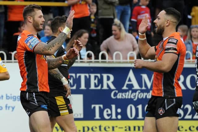Zak Hardaker and Luke Gale celebrate a try in last Friday's win over Salford Red Devils. Picture: Matthew Merrick/RL PHOTOS