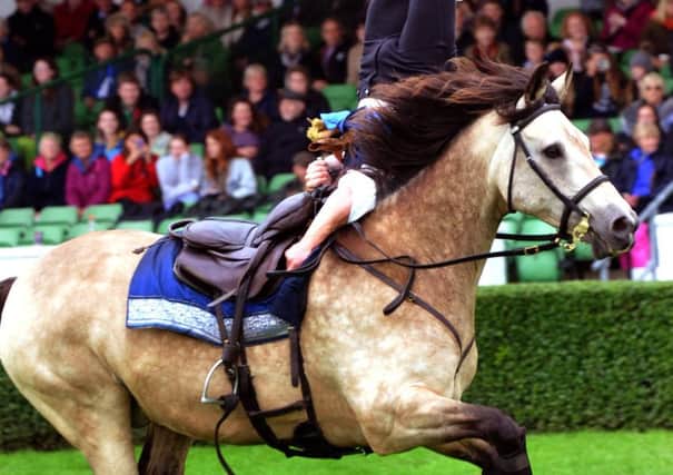 A rider from Atkinson Action Horses performs acrobatics  during their display at the Great Yorkshire Show in Harrogate.