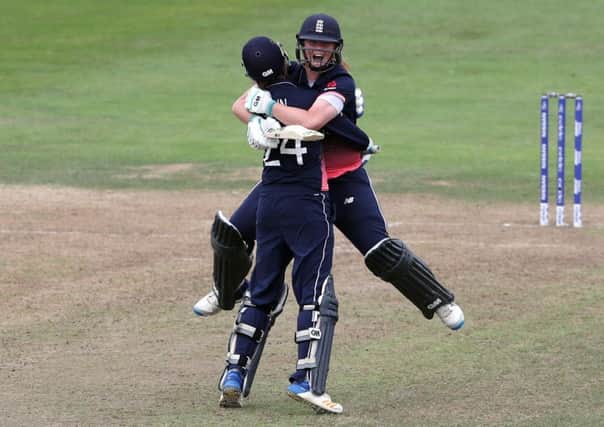 Englands Anya Shrubsole celebrates hitting the winning runs with Jenny Gunn, left (Picture: David Davies/PA Wire).