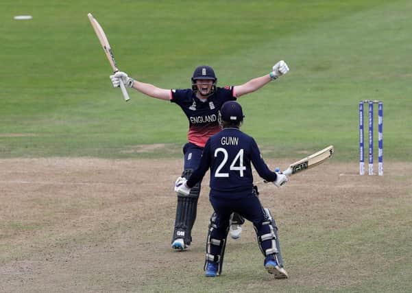 England's Anya Shrubsole celebrates hitting the winning runs with Jenny Gunn against South Africa. Picture: David Davies/PA
