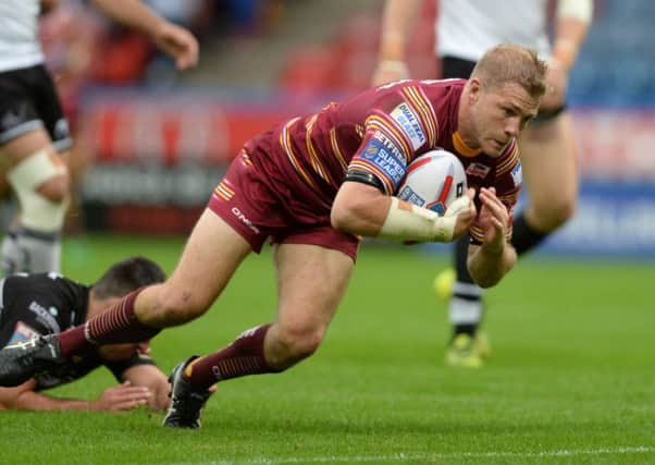 Ryan Hinchcliffe scoring the Giants' third try against Widnes Vikings earlier this month. (Picture: Bruce Rollinson)