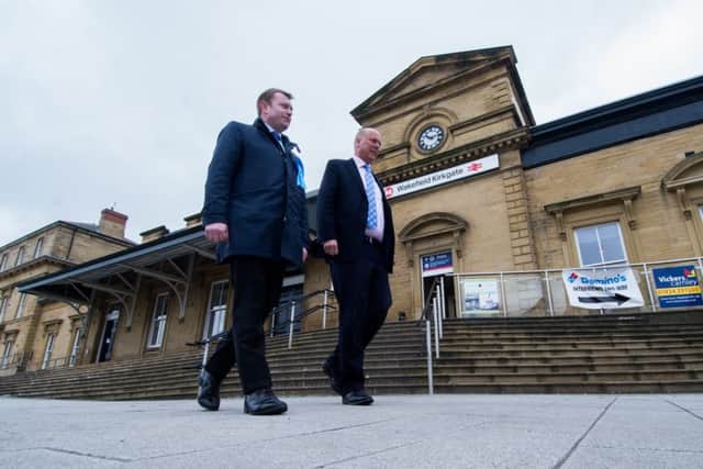 Date: 8th May 2017. Picture James Hardisty. Antony Calvert, Conservative parliamentary candidate for Wakefield with Chris Grayling, Secretary of State for Transport, at Wakefield Kirkgate Station.