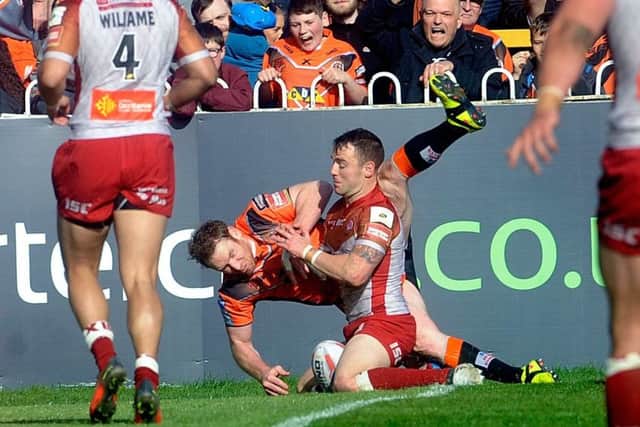 Castleford Tigers' Joel Monaghan scores a try against Catalans during the meeting at Wheldon Road between the two sides in March. Picture: Simon Hulme