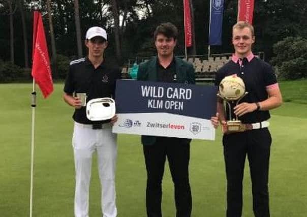 Bailey Gill, left, and Ben Firth, right, with Dutch Junior Open winner Thomas Sloman.