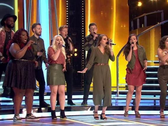BBC's Pitch Battle - Knaresborough's Becky Bowe, third from left in the jump suit, singing her way to victory on national TV.