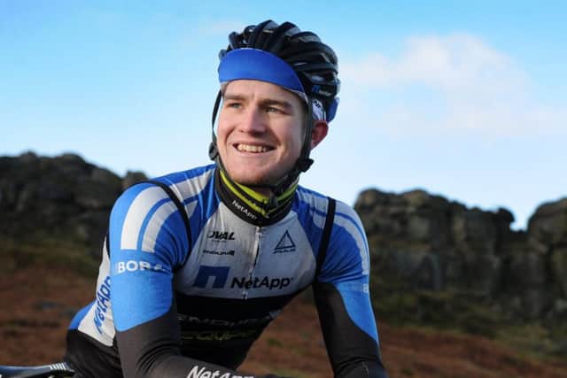 Scott Thwaites, from Burley in Wharfedale, at the Cow and Calf Rocks above Ilkley.  His Team NetApp Endura are hoping for a 'wild card' entry to this years Tour de France.  (BR1001/84g)  3 January 2014.  Picture Bruce Rollinson