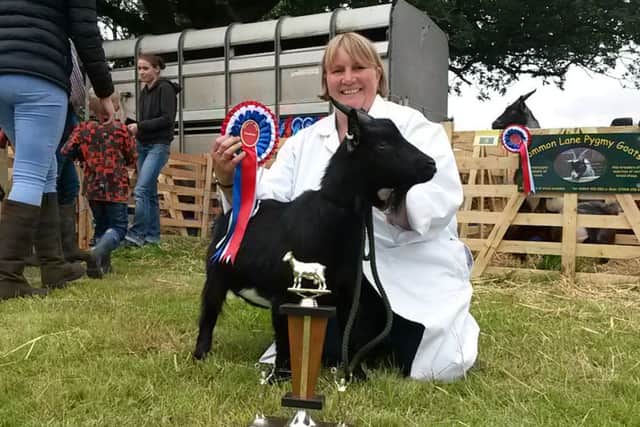Debbie Smith with Felicity, her homebred pygmy goat which won the champion goat title.