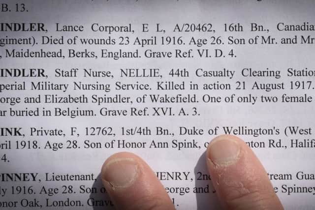 Wakefield nurse, Nellie Spindler, is buried at Lijssenthoek Military Cemetery. Picture shows the entry in the Book of Remembrance. Picture by Mike Cowling.