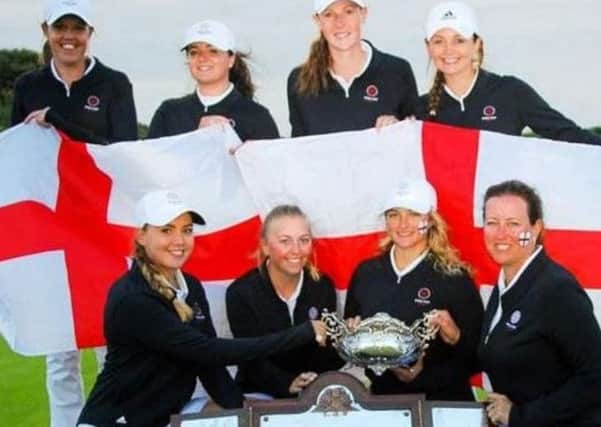 Rotherham's Olivia Winning, back row, second right, with the England team following victory in the Home Internationals at Conwy last year (Picture: LGU).
