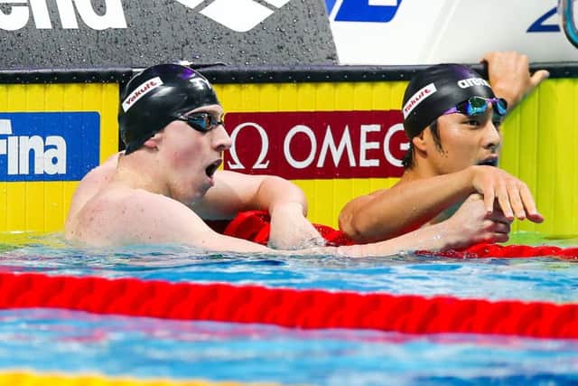 City of Sheffields Max Litchfield looks dismayed as the scoreboard in Budapest shows the result of the World Championship 200m mens individual medley race in which he was edged out of the medal positions by Chinas Shun Wang by 0.6 of a second (Picture: Rogan Thomson/SWpix.com).