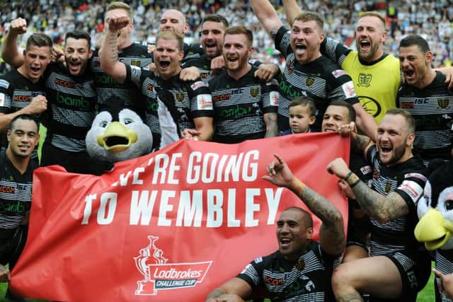 Hull FC v Leeds Rhinos
Hull players celebrate going to Wembley.
29th July 2017.
Picture Jonathan Gawthorpe