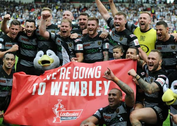 Hull FC v Leeds Rhinos
Hull players celebrate going to Wembley.
29th July 2017.
Picture Jonathan Gawthorpe