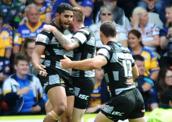 On the way: Hull's Albert Kelly celebrates his try against Leeds Rhinos.
Picture: Jonathan Gawthorpe