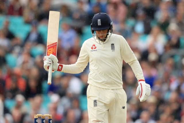 England's Joe Root shows his frustration at getting caught out during day four of the 3rd Investec Test match at the Kia Oval, shortly after reaching his half century at The Oval on day four. Picture: Adam Davy/PA.