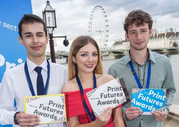 licence to print: Stefan Pintea, left, and Ben Abbiss are from Leeds Beckett University while Gabrielle Keepfer is the publications coordinator at Make it York. They are the Yorkshire winners.Picture: Ray Schram