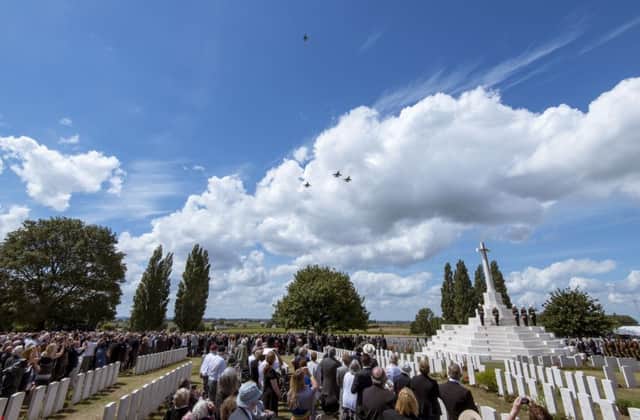 A fly past over Tyne Cot Commonwealth War Graves Cemetery in Ypres, Belgium