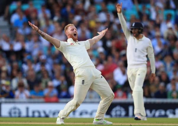 England's Ben Stokes celebrates taking the wicket of South Africa's captain Faf du Plessis.