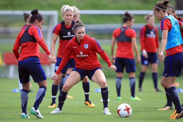 England's Jodie Taylor, centre, pictured during a training session at Sporting 70 Sports Centre, Utrecht, yesterday, is the tournament's leading scorer (Picture: PA).