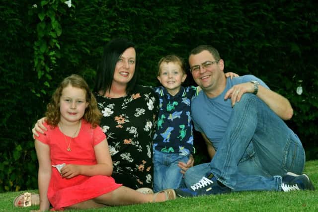 Ruby Varley 7 from Kippax near Leeds with her family  mum Natalie, brother Ethan 3 and dad Alex.