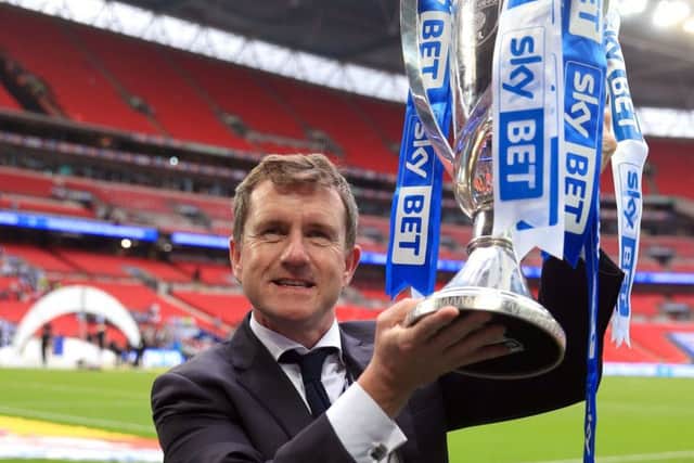 Huddersfield Town chairman Dean Hoyle celebrates at Wembley. Picture: Nick Potts/PA