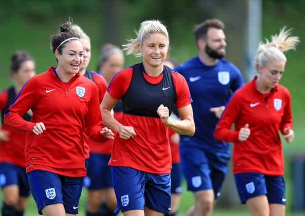 England's Jodie Taylor (left) and Steph Houghton during a training session in Utrecht on Wednesday. Picture: Mike Egerton/PA