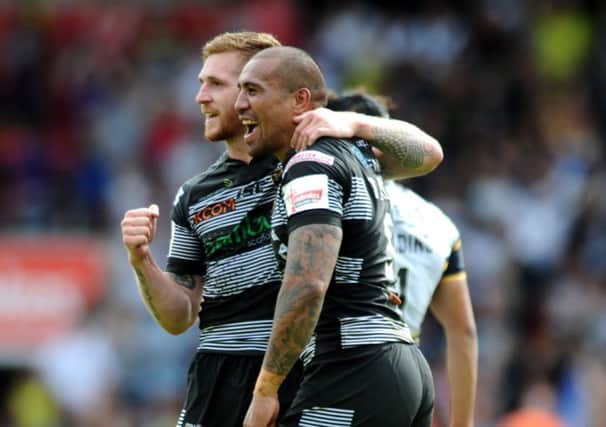 Hull's Marc Sneyd celebrates their semi-final victory over Leeds Rhinos last Saturday.
(Picture: Jonathan Gawthorpe)