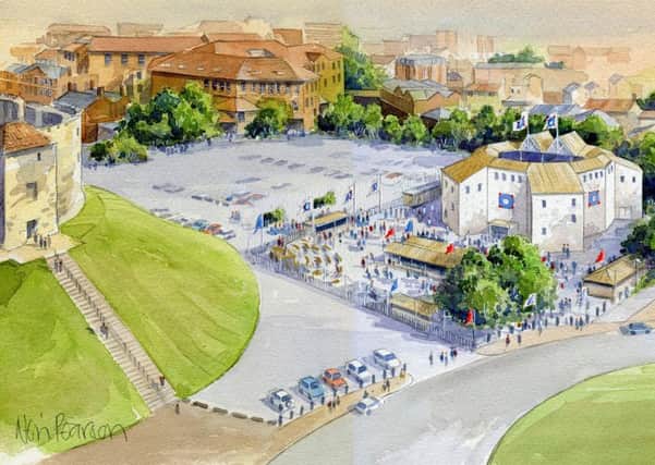 An artist impression of Shakespeare's Rose Theatre in York. , next to Cliffords Tower. Picture courtesy of Lunchbox Theatrical Productions.