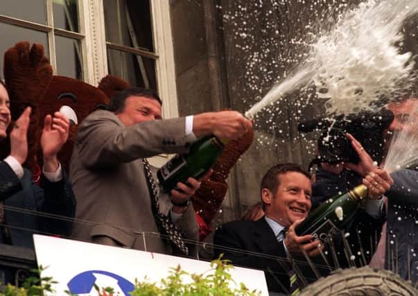 Danny Wilson and his staff celebrate promotion to mthe Premier League in 1997.