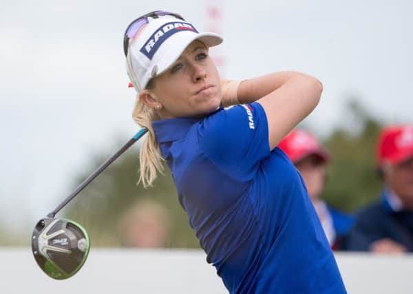 In contention: Jodi Ewart-Shadoff of North Yorkshire teeing off on the 15th at the Womens British Open at Kingsbarns yesterday. (Picture: PA)
