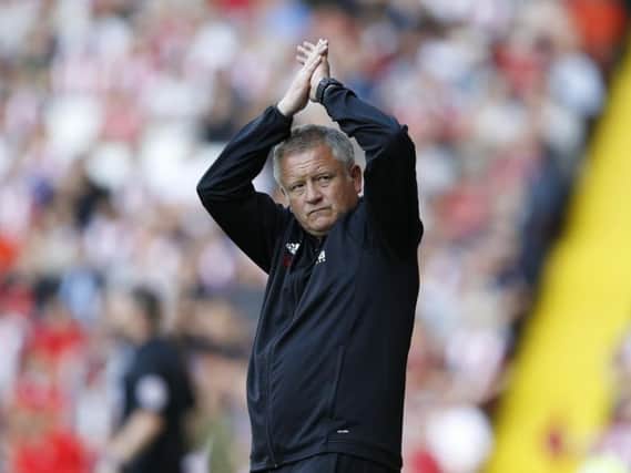 Chris Wilder applauds the fans at Bramall Lane after United's 1-0 win (Photo: Sportsimage)