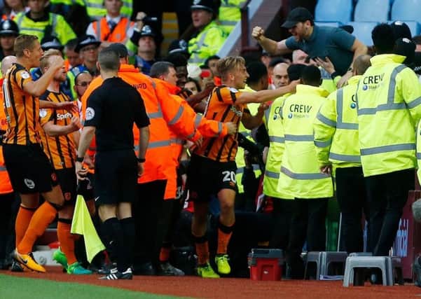 Jarrod Bowen looks for his father as he celebrates Hull City's equaliser against Aston Villa (Picture: PA).