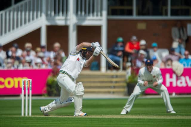 Adam Lyth, of Yorkshire, hits out to score his 50 during the Specsavers County Championship Division One match between Yorkshire v Essex at Scarborough Cricket Club (Picture: James Hardisty)