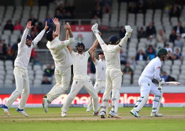 England leap in celebration after South Africas Duanne Olivier was caught by Ben Stokes to complete a 3-1 series win for the home side (Picture: Anthony Devlin/PA Wire).
