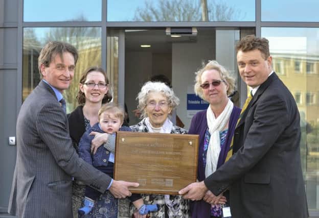 Brenda Gilling (centre) at the opening of the Lance Gilling Building at Askham Bryan college