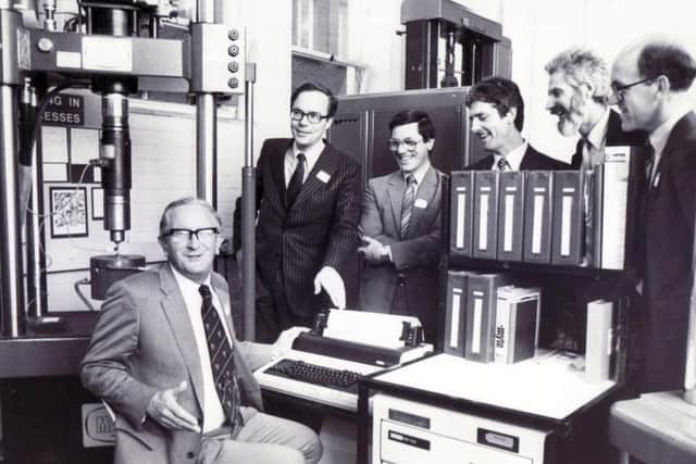 Prof Geoffrey Sims, vice chancellor of Sheffield University, receives a computer system for the Department of Metallurgy in October 1982