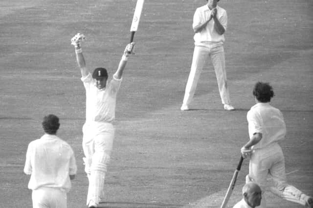 Geoffrey Boycott celebrates after becoming one of the very exclusive club of cricketers to have scored 100 centuries. He did so in front of the crowd at Headingley in a Test against Australia on August 11, 1977.