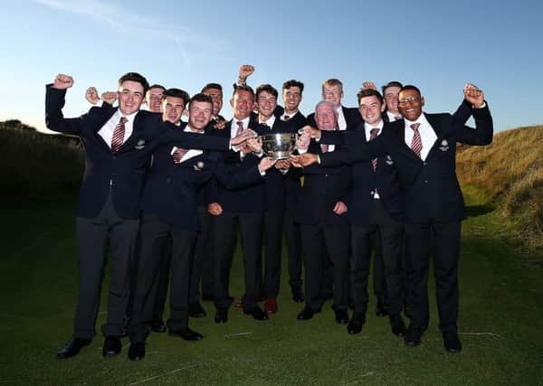 England players and staff celebrate with the trophy after victory in the Boys' Home Internationals at St Annes Old Links (Picture: Jan Kruger/R&A via Getty Images).