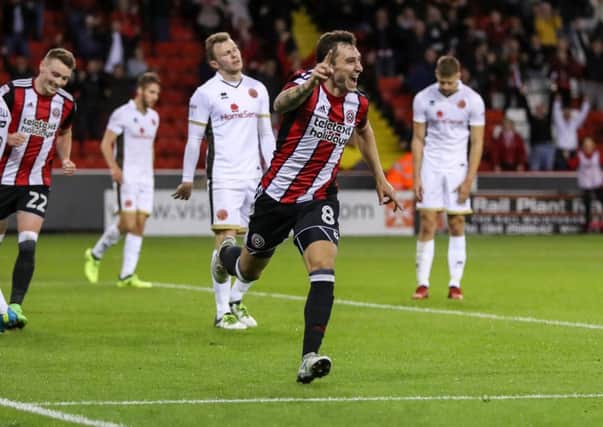 Sheffield United's Nathan Thomas celebrates after scoring in the Carabao Cup match against Walsall (Picture: Jamie Tyerman/Sportimage).