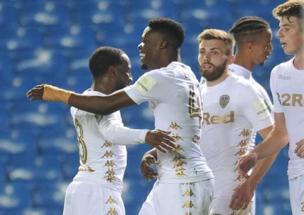 Leeds United striker Caleb Ekuban, recently signed from Chievo, celebrates his first Whites goal, against Port Vale on Tuesday night.